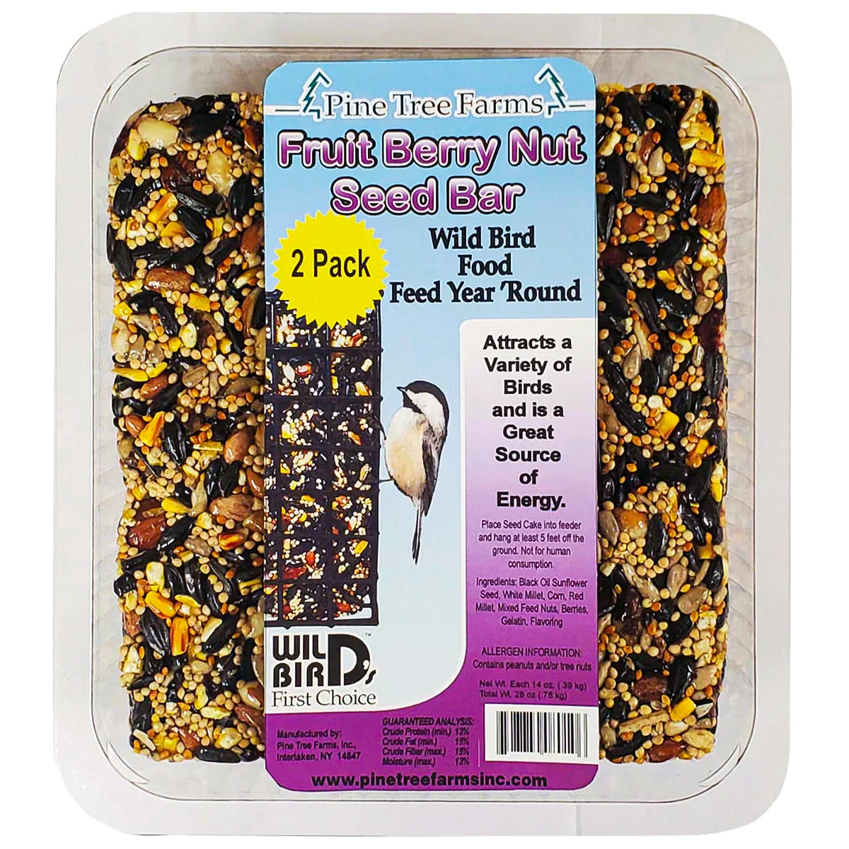 Fruit Berry Nut Seed Bar, 2 Pack; pressed seed/nut/berry bars for bird feeders, featuring sunflower seeds, millets, nuts, and berries. Ideal for year-round bird feeding.