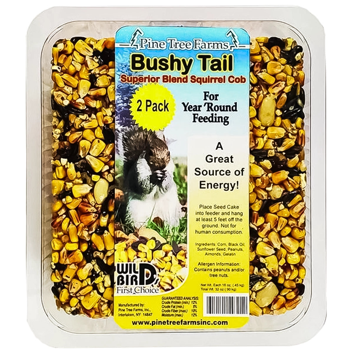 Bushy Tail Squirrel Cob, 2 Pack: Clamshell displays two solid seed cakes with corn, sunflower seeds, peanuts, almonds; designed for squirrel feeding year-round.