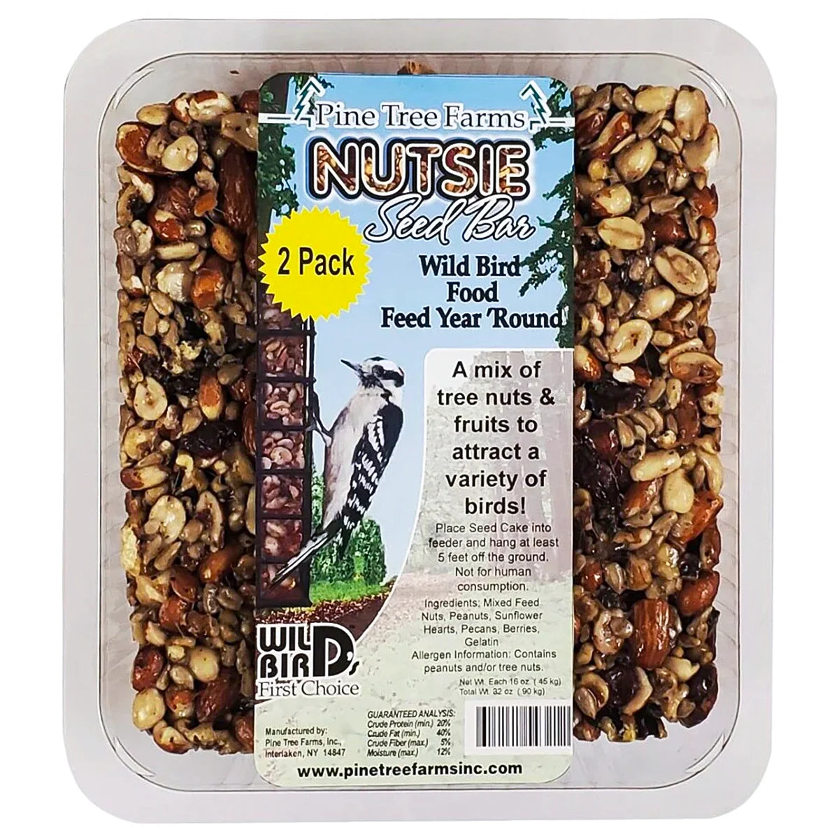 Nutsie Seed Bars, 2 Pack, featuring mixed nuts, sunflower hearts, and berries in a clamshell package, ideal for attracting wild birds year-round.