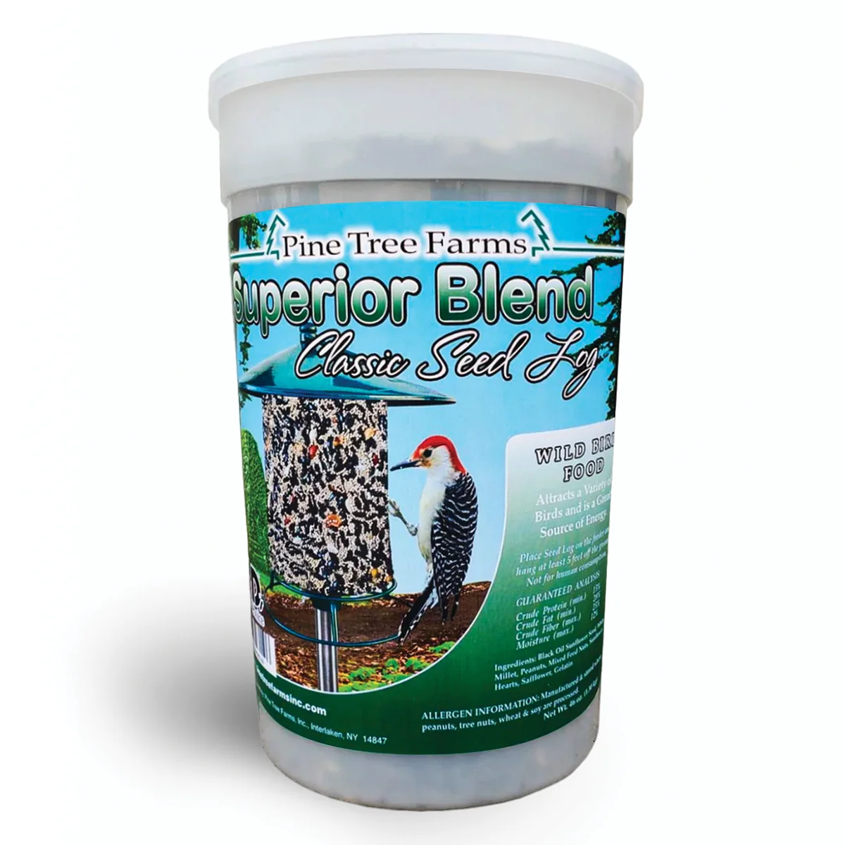 Pine Tree Farms' Superior Blend Classic Seed Log in tub, showcases a seed log with a woodpecker, ideal for attracting diverse songbirds and woodpeckers.