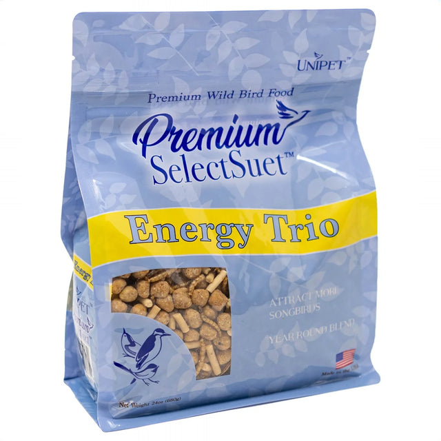 Premium Select Suet Energy Trio, 24 oz. bag, featuring protein snacks with peanut bites, dried mealworms, and herb suet pellets, ideal for feeding insect-eating birds.
