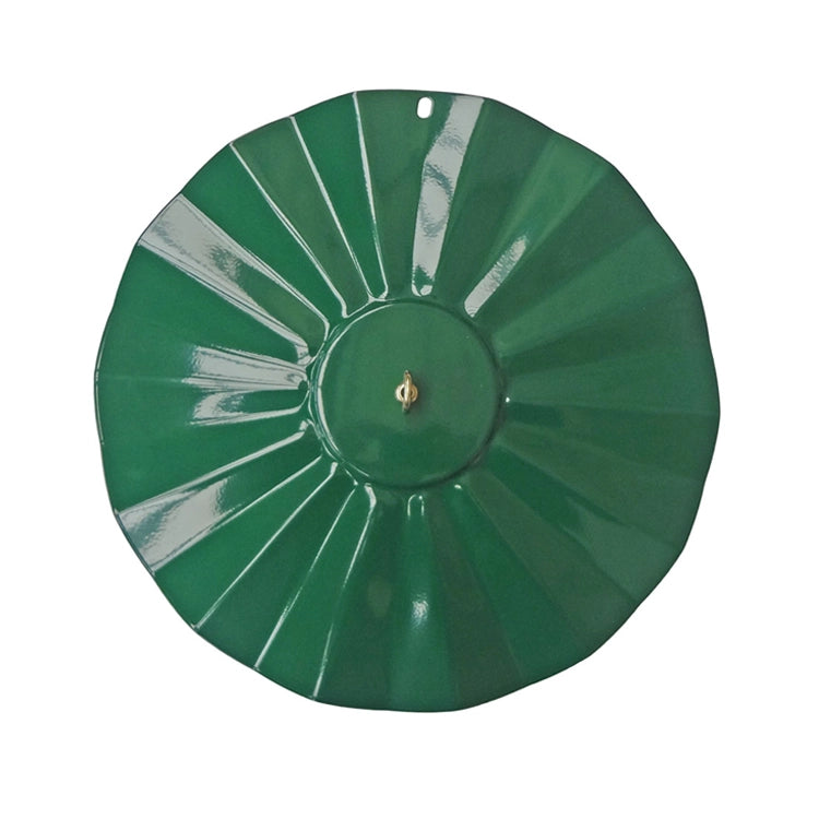 14 All Weather Guard with a green circular design and metal handle, ideal for protecting bird feeders from weather elements, includes brass hanging hardware.