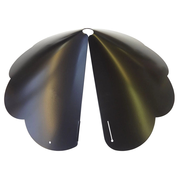 Extra Large Pole Baffle, Black: Two curved, scallop-edged black metal panels form a petal-like guard, protecting bird feeders from squirrels.