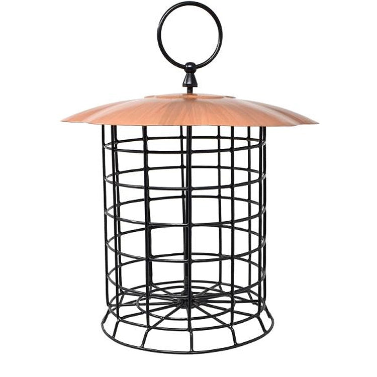 Bird seed cylinder feeder made out of mesh wire and a copper colored roof with a white background.
