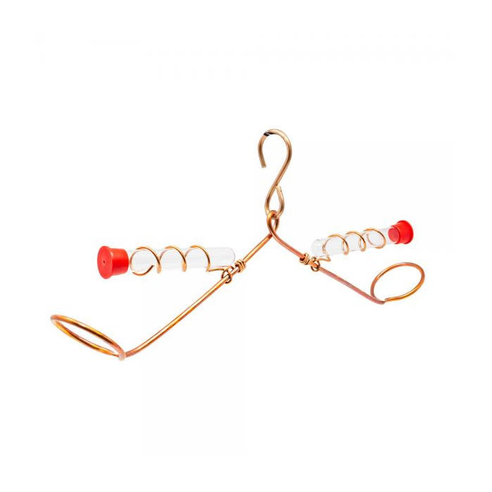 Tweeter Totter Hummer Feeder with two glass feeding tubes, red caps, and a copper frame. Features an S-hook for hanging and balanced perches for hummingbirds.