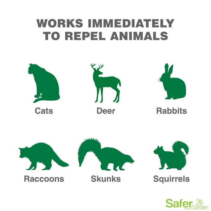 Garden Animal Repellent RTU Spray, 24 oz, featuring green silhouettes of various animals, effectively repels pests from gardens and shrubs.