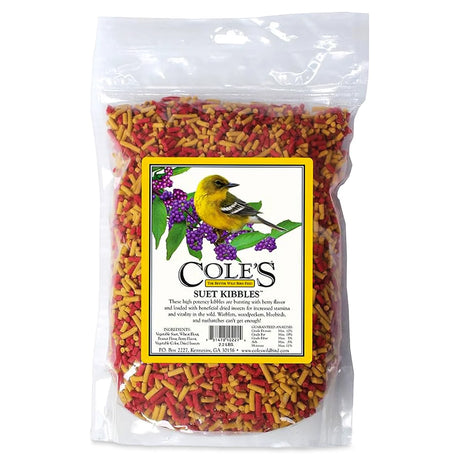 Cole's Suet Kibbles in a clear bag with visible red and yellow pellets, designed to attract woodpeckers, bluebirds, and nuthatches with berry flavor and protein-rich insects.