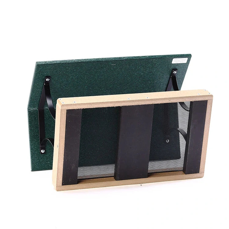 The bottom of a platform feeder showing mesh flooring and platform base on a white background.