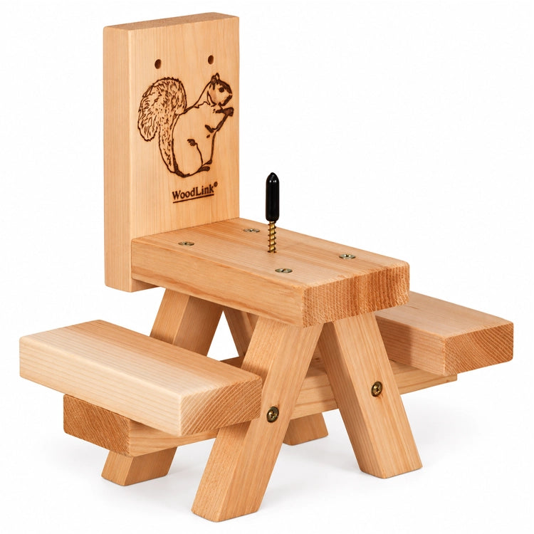 Woodlink Cedar Squirrel Picnic Table Feeder with two benches and a corn cob mounting screw on a white background.