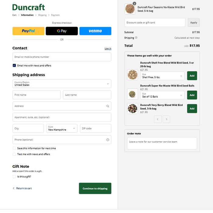 This is a screenshot of our checkout page. To provide an example of checkout.