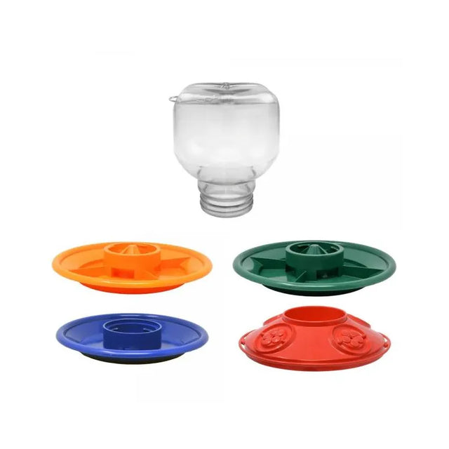 Switch N Swap Five Piece Combo Pack featuring a clear reservoir and four interchangeable feeding plates for versatile bird feeding. Includes a hanging hook.