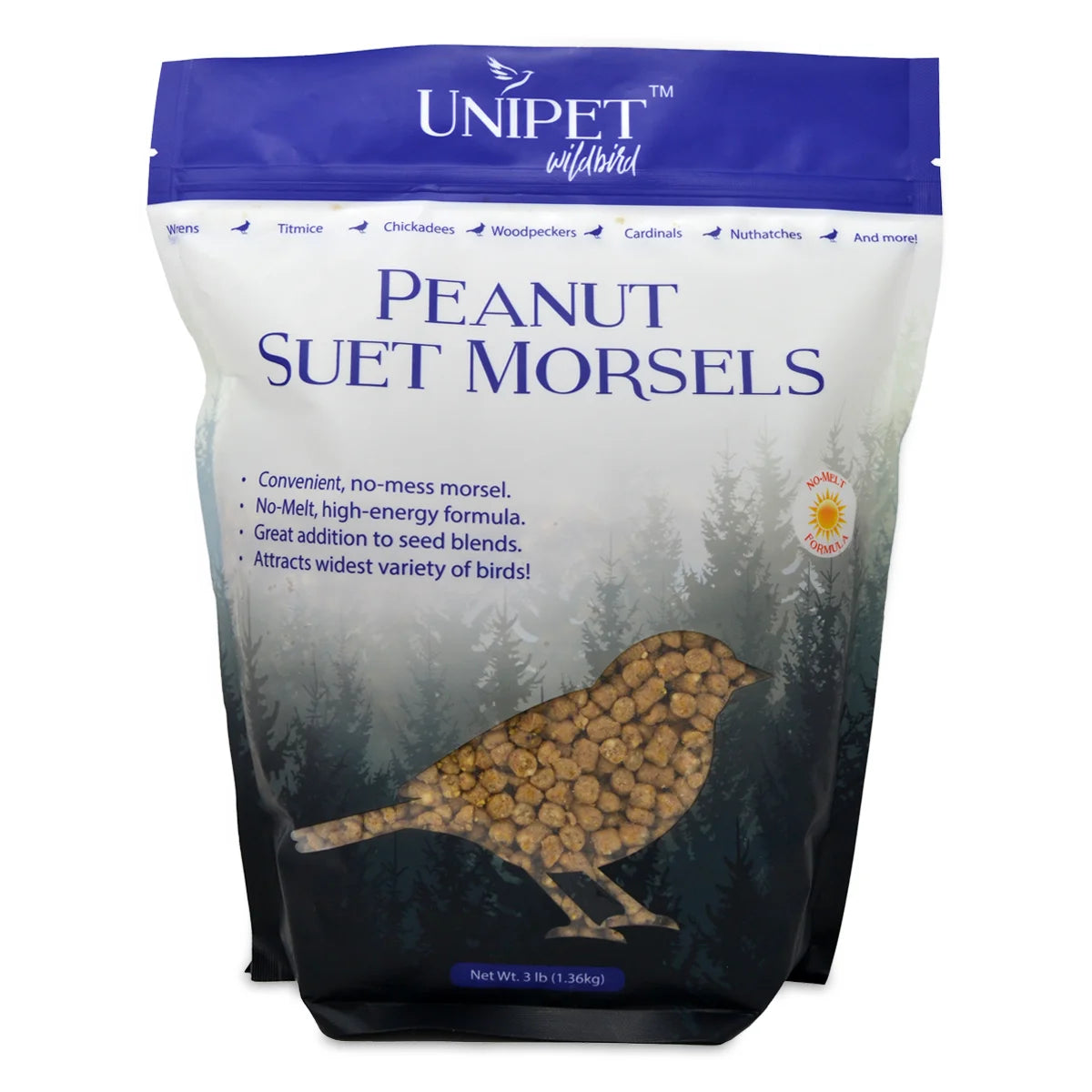 Unipet Wild Bird Peanut Suet Morsels in a 3 lb resealable bag; no-melt, high-energy pellets for diverse birds, perfect for mixing with seed blends.