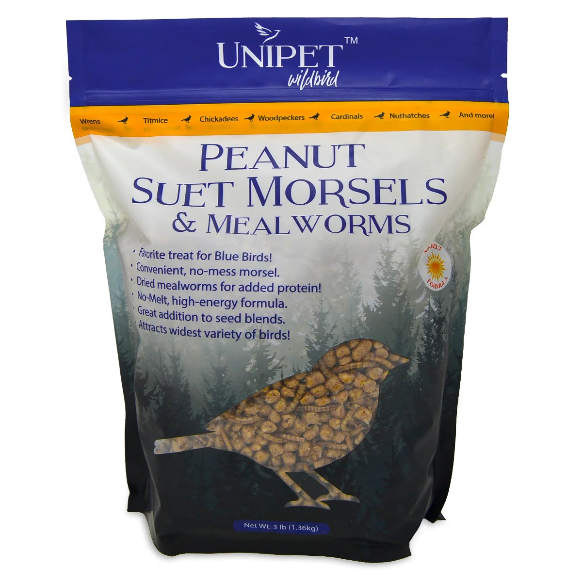 Unipet Wild Bird Peanut Morsel & Mealworms, 2.75 lb bag; high-energy, no-mess treat for various backyard birds, featuring suet morsels mixed with dried mealworms.