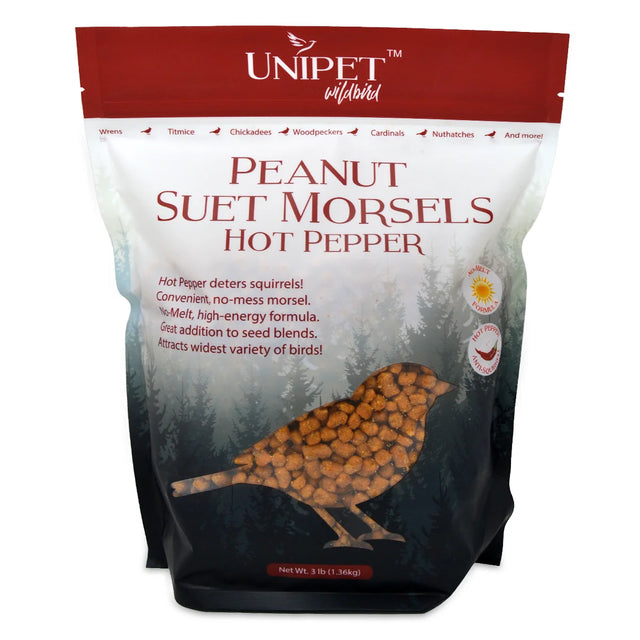 Unipet Wild Bird Hot Pepper Peanut Suet Morsels, 3 lb bag, no-melt, high-energy snack, deters squirrels, attracts diverse birds, convenient resealable packaging.