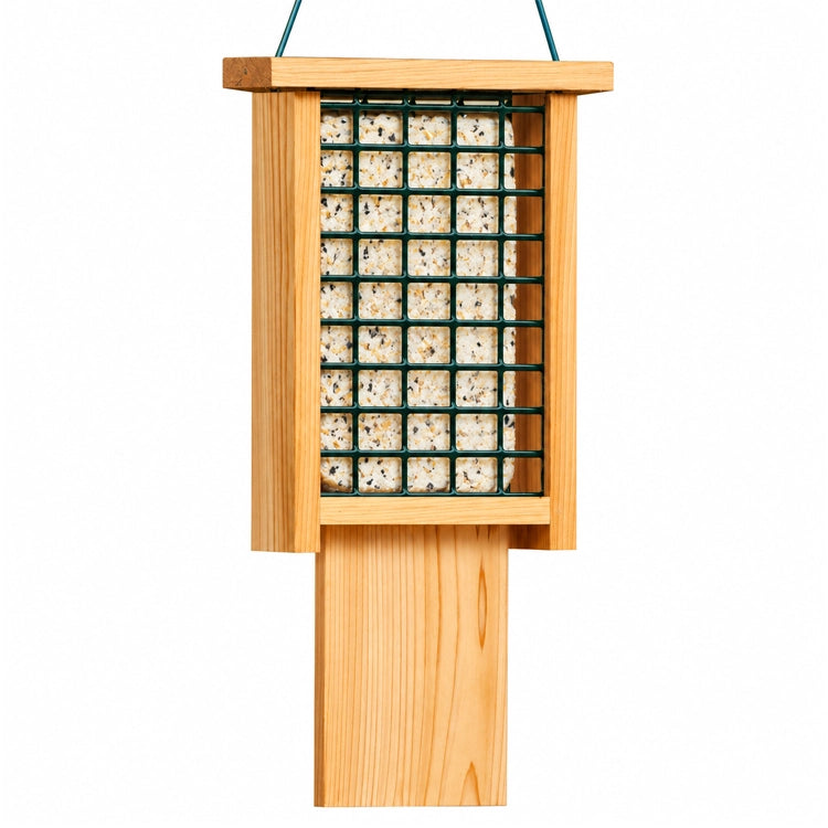 Tail-Prop Double Suet Feeder: Cedar wood bird feeder with wire mesh, designed for woodpeckers with a long tail prop area and holding two suet cakes.