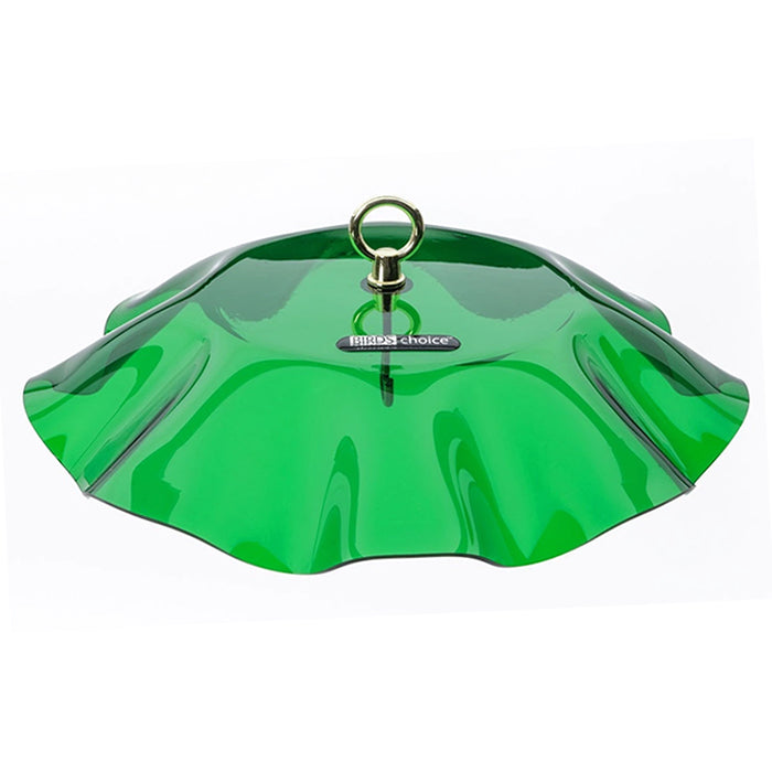 Green Swirl Weather Guard with a metal ring, designed to protect bird feeders from rain and snow. Includes scalloped edges and brass fittings for hanging.