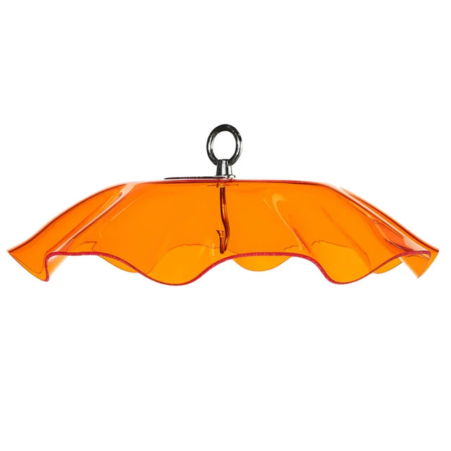 Orange Swirl Weather Guard with scalloped edges, 13-inch diameter, translucent to provide shade, includes brass fittings and hook for hanging, made from durable acrylic.