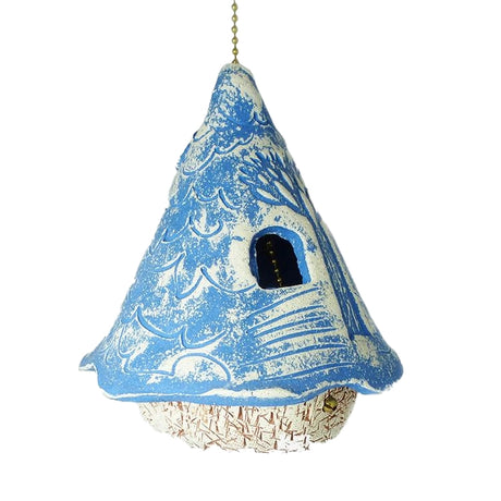 Whimsy Bird House showcasing an asymmetrical roof design, metal mesh flooring for ventilation, and an entry hole for wrens.