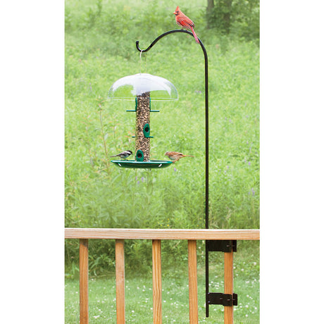Vertical Mount Baluster Hanger with a bird feeder attached, showcasing birds perched on it, designed for porch use with adjustable clamp for square balusters.