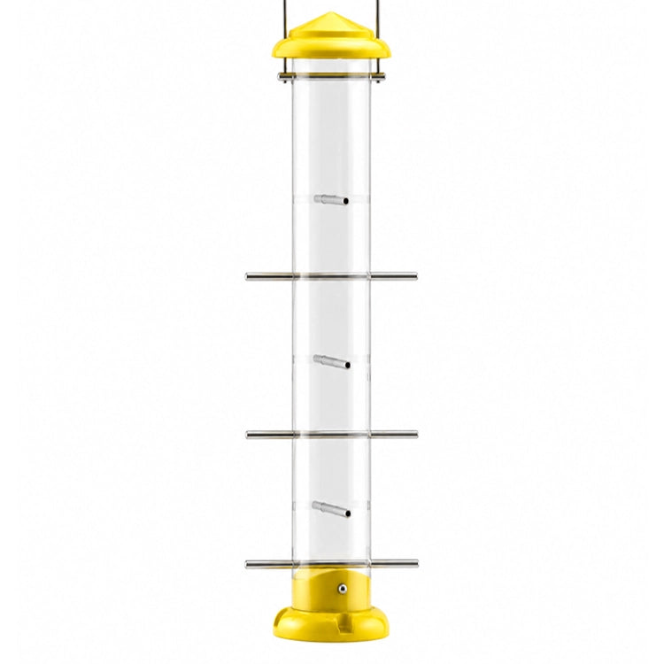 Yellow Nyjer tube bird feeder with a clear reservoir, silver perches and wire hanger on a white background.
