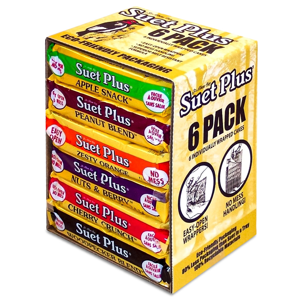 Suet Plus Variety Pack, 6 Cakes: Retail box with six individually wrapped suet bars in various flavors, featuring easy-open, eco-friendly packaging for mess-free bird feeding.