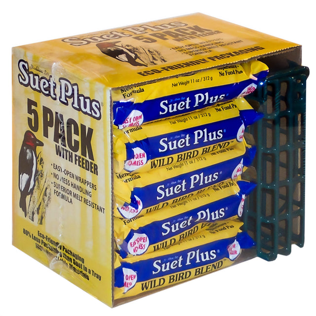 Suet Plus Wild Bird Blend Suet Cakes & Feeder includes 5 suet cakes and a green suet-cake feeder, perfect for attracting suet-loving birds.