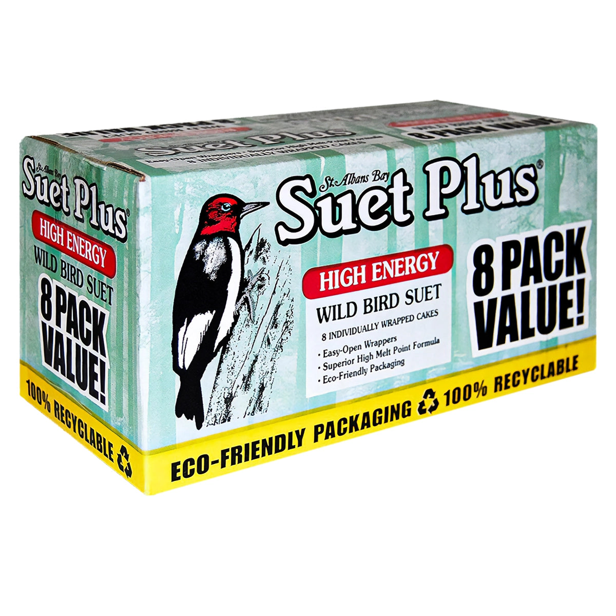 Suet Plus High Energy Suet Cakes, 8 Pack, features eco-friendly packaging with woodpecker illustration; individually wrapped, high melting point suitable for all-year bird feeding.