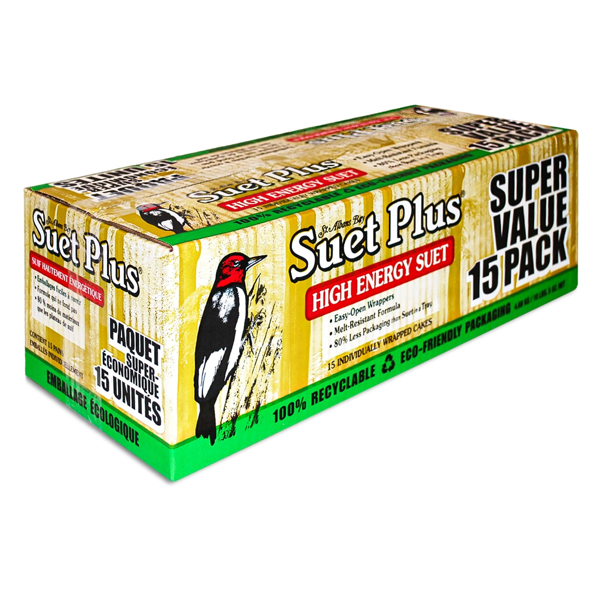 Suet Plus High Energy Suet Cakes, 15 Pack; eco-friendly box with easy-open, melt-resistant suet cakes for birds, featuring a woodpecker illustration and recyclable packaging.