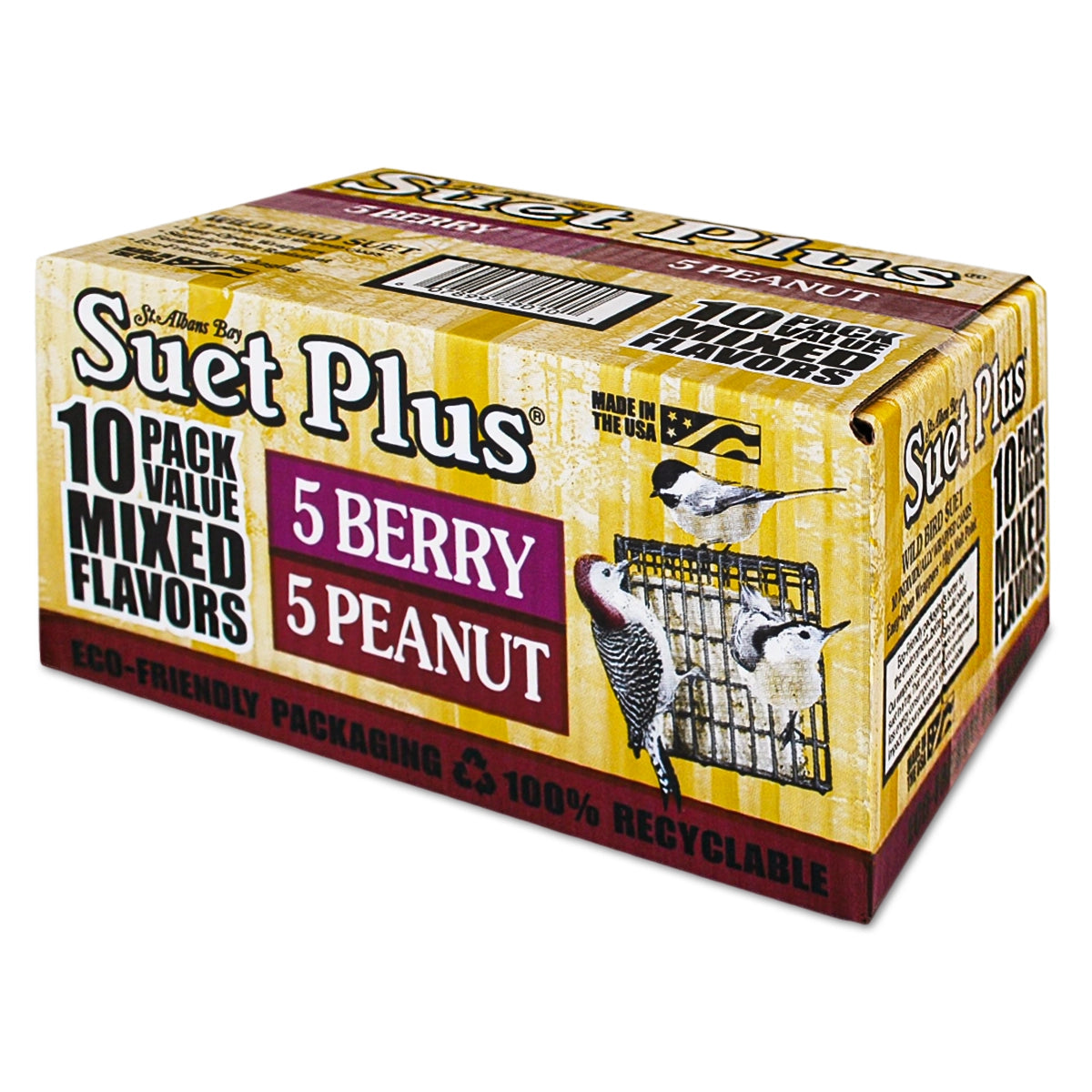 Mixed Flavor 10 Pack Suet Plus Suet Cakes in recyclable box, featuring berry and peanut suet cakes, illustrated with birds feeding on a suet cage.