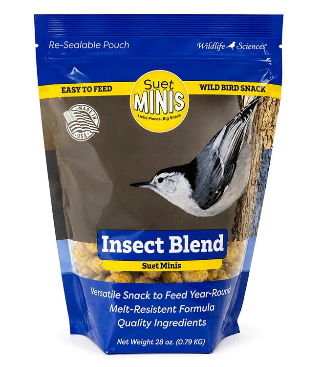 Package of Suet Minis Insect Blend wild bird snack with a bird on the packaging.
