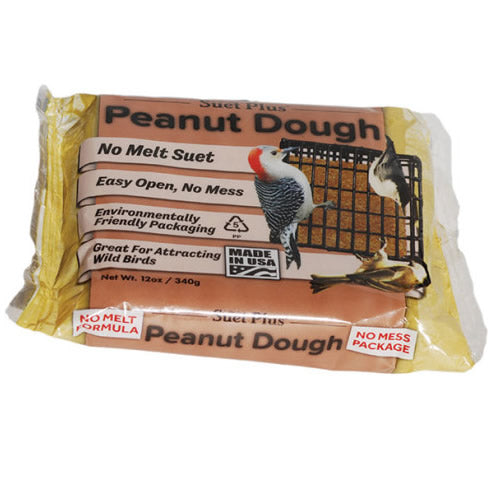 Package of Peanut No Melt Dough Cakes, 12 Cakes, featuring easy tear-open packaging for quick refills, designed to attract woodpeckers and other nut-eating birds.