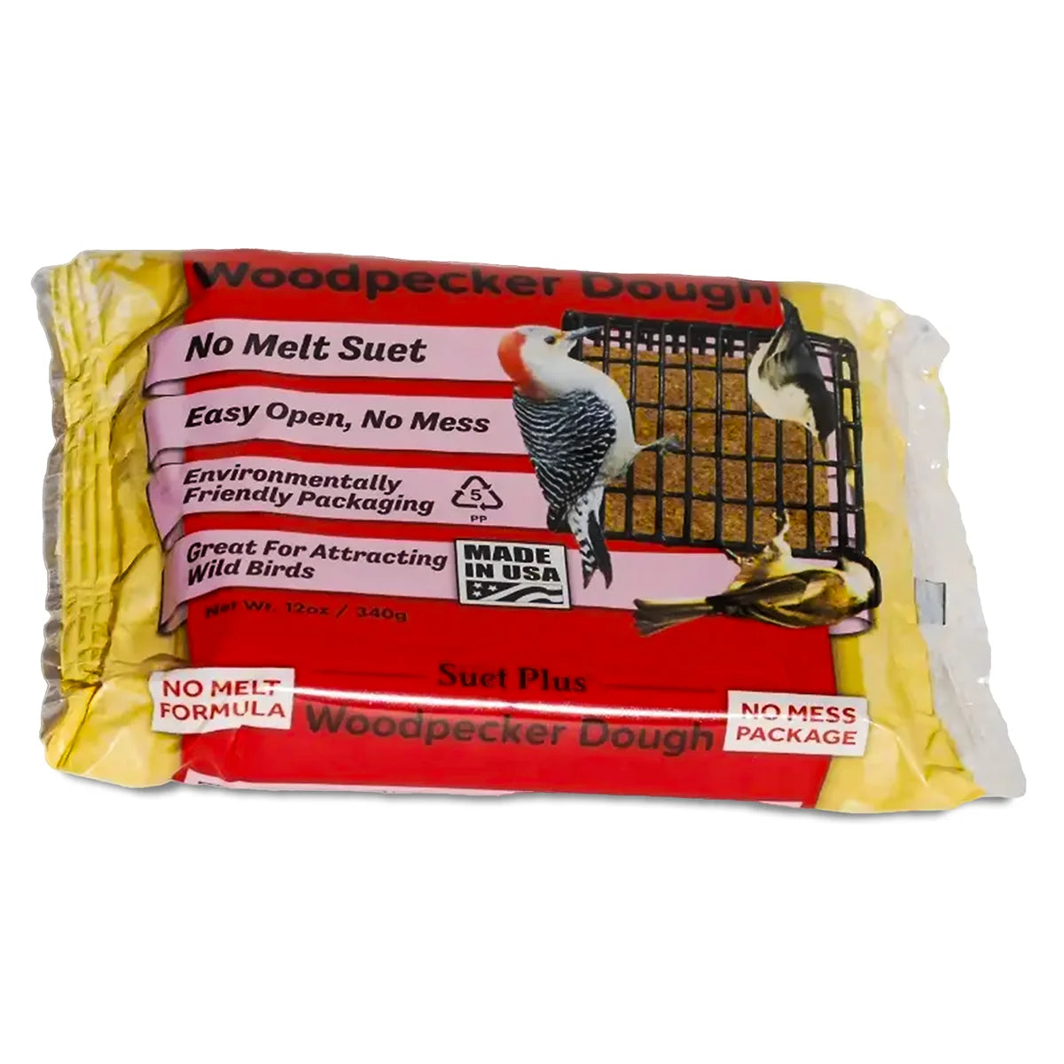 Woodpecker No Melt Dough Cakes, 12 Cakes: Wrapped suet block designed for wild birds, featuring nutty flavor with extra pecans, fitting standard suet feeders.