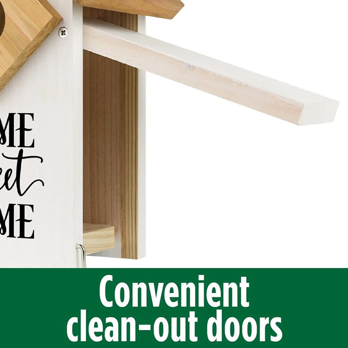 Farmhouse Bluebird House with open door, cedar construction, predator guard entry, and fledgling grips. Home sweet home text on front.