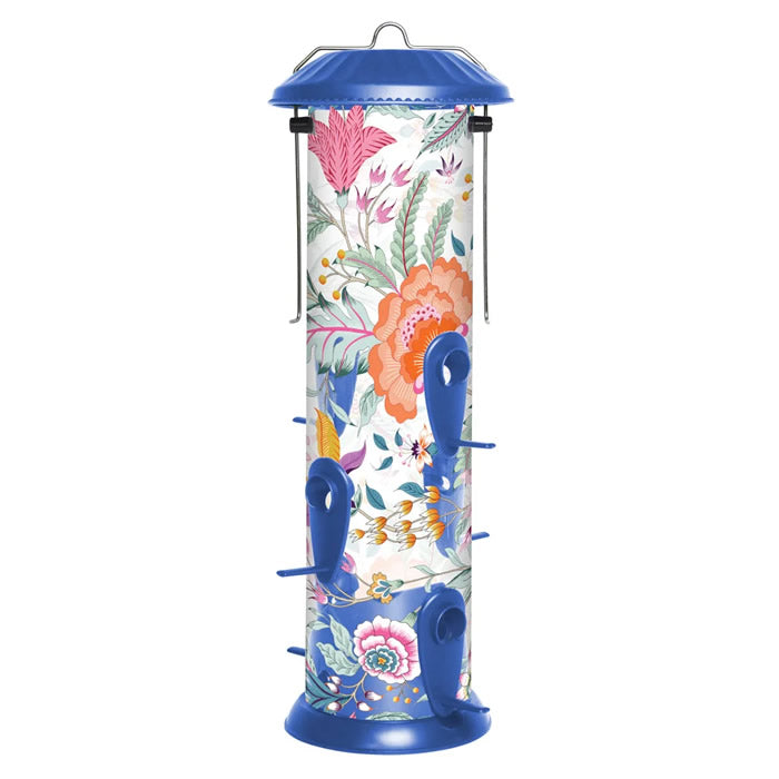 Wild Wings Fantasy Floral Easy Clean Plastic Bird Feeder featuring a floral design, six ports with Nyjer® inserts, and a durable, UV-stabilized tube.