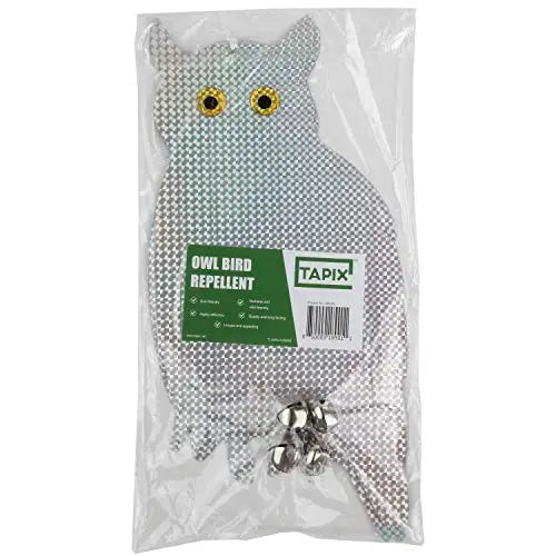 Owl Bird Repellent Reflective Holographic, 2 Pack: plastic bag containing holographic owl decoys, designed to deter birds with their lifelike appearance.