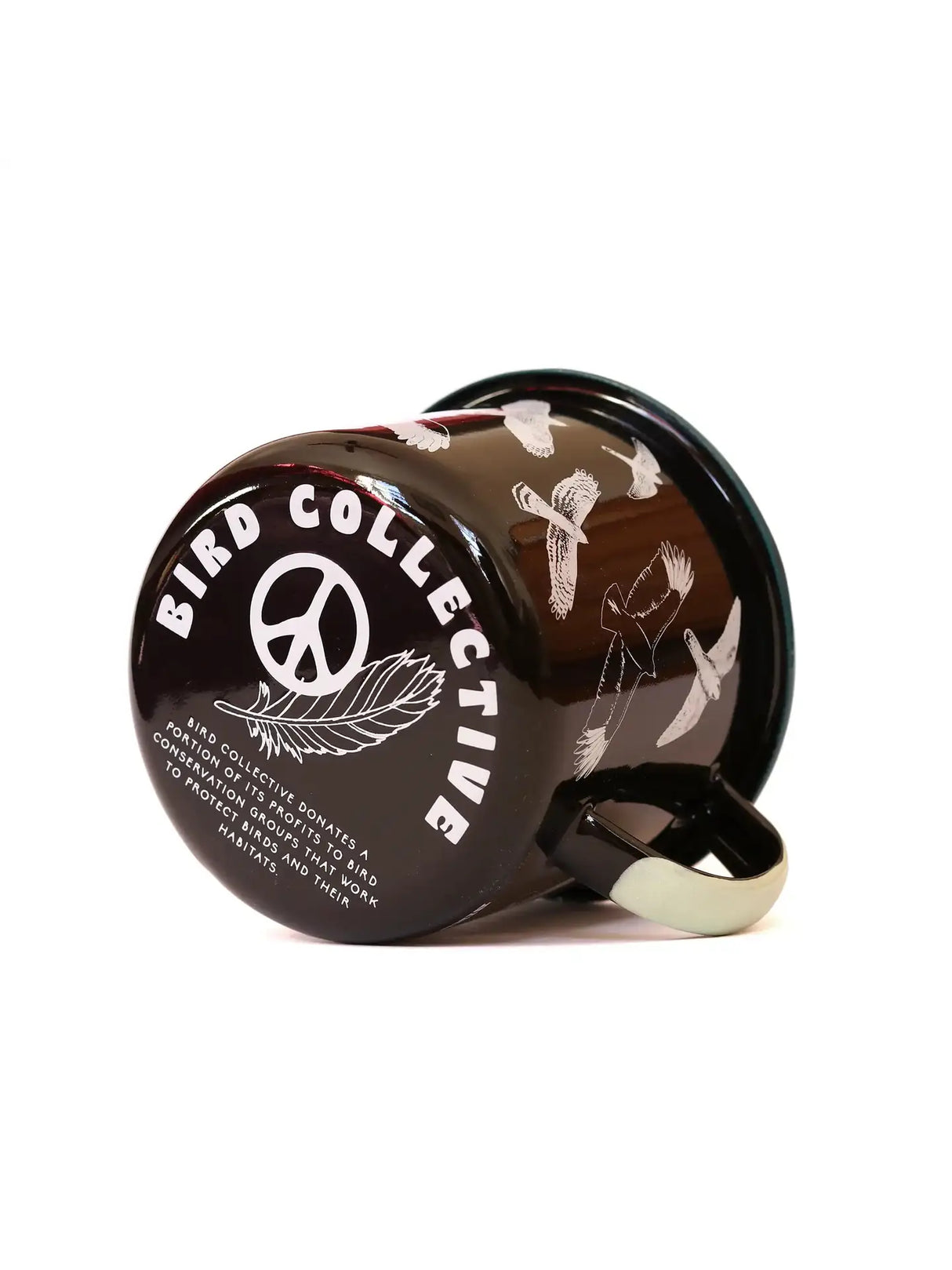 Hawks in Flight Large Enamelware Mug featuring white text and birds in flight. Ideal for bird lovers, campfire friendly, not microwave safe.