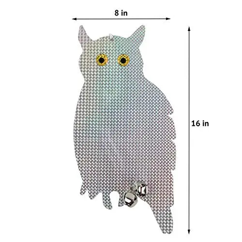 Owl Bird Repellent Reflective Holographic, 2 Pack; lifelike owl decoy with bells and holographic design, effective bird deterrent for gardens and patios.