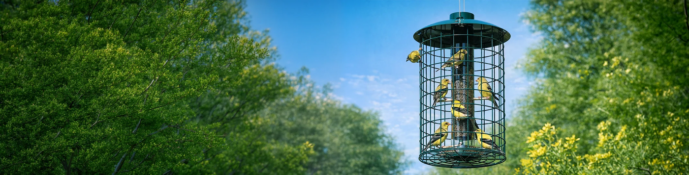 Cylindrical metal bird feeder outdoors with finches feeding on seeds, surrounded by leafy trees and fresh spring foliage.
