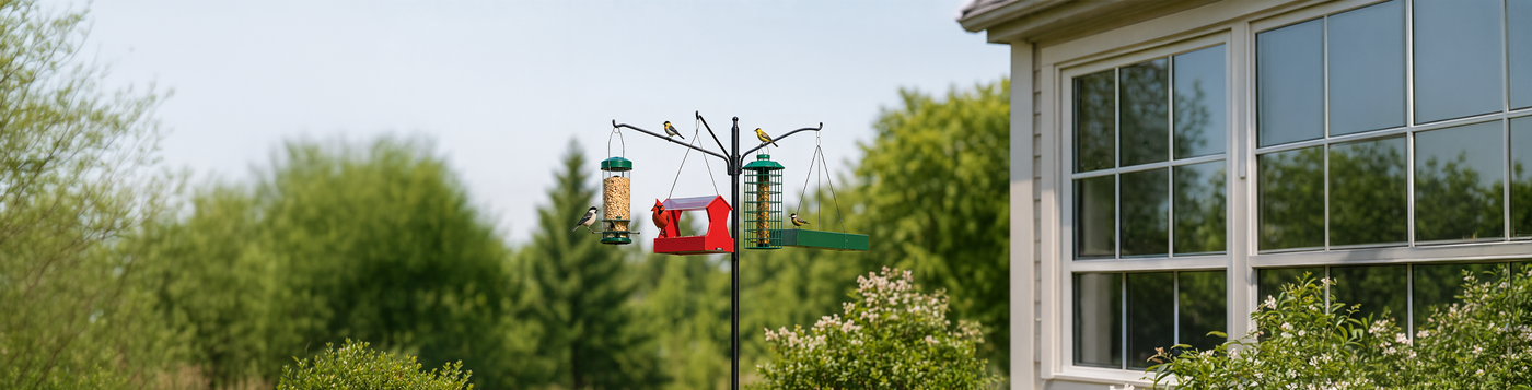 Backyard bird-feeding station with four feeders on a tall pole, visited by songbirds including a northern cardinal, goldfinches, and chickadees, near a house.