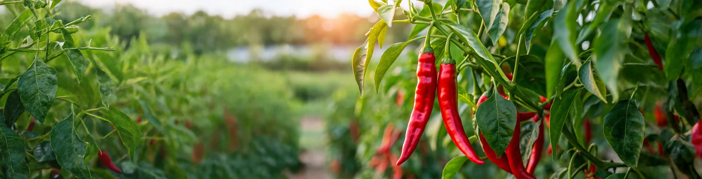 Rows of green chili plants with long, red ripe chilies hanging, under sunlight, in a neatly organized pepper patch.