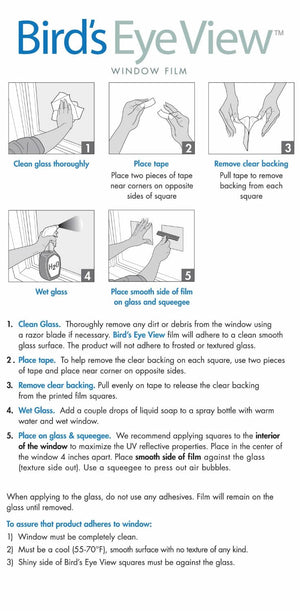 6 x 6 Clear and Etched Bird Deflector, Pack of 4, shown being applied to a window to prevent bird collisions, with instructions included.