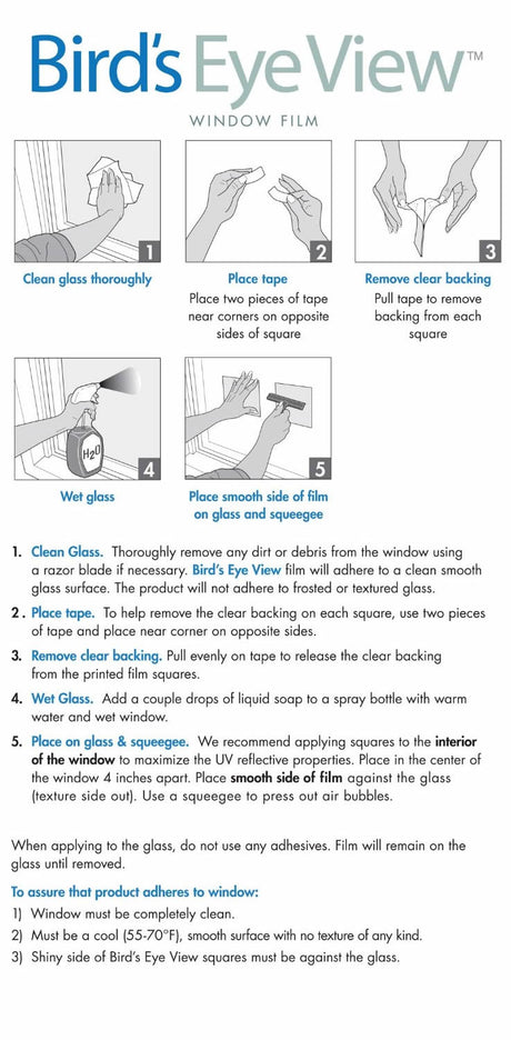 6 x 6 Clear and Etched Bird Deflector, Pack of 4, shown being applied to a window to prevent bird collisions, with instructions included.