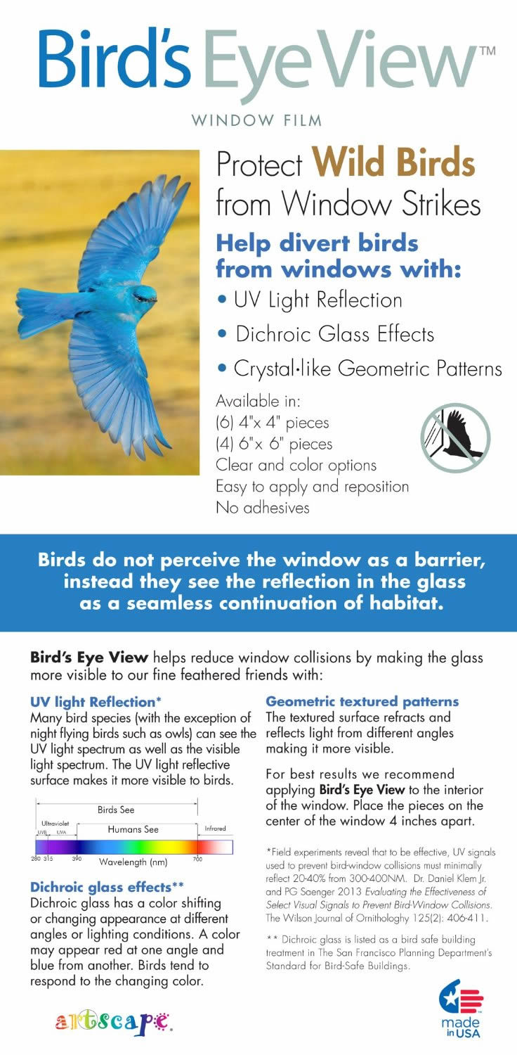 4 x 4 Clear & Etched Bird Deflector, Pack of 6 decals featuring a geometric pattern, designed to reduce bird collisions with UV reflective ink.