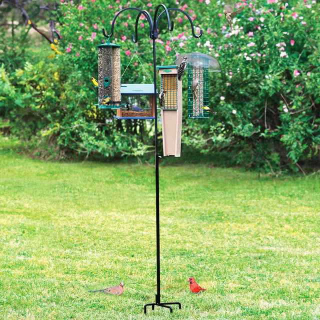 Adjustable Quad Bird Feeder Hanger with four-arm hangers on a stable, adjustable wrought iron pole, featuring birds near feeders.