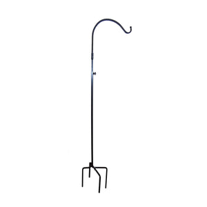 Adjustable Single Birdfeeder Hanger with a curved hook, featuring a stable black metal stand and adjustable pole height for convenient bird feeder placement.