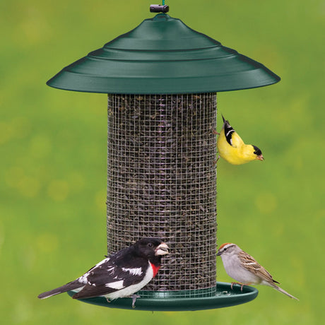 Sunflower Magnum bird feeder with birds perched and feeding, featuring a rugged steel mesh design and built-in tray for larger birds.