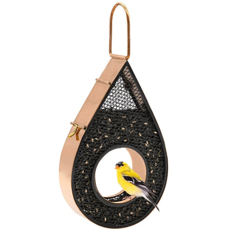 Rain Drop Fly-Thru Copper Bird Feeder with black mesh, featuring an American Goldfinch feeding on seeds, showcases its elegant raindrop design and easy-fill panel.