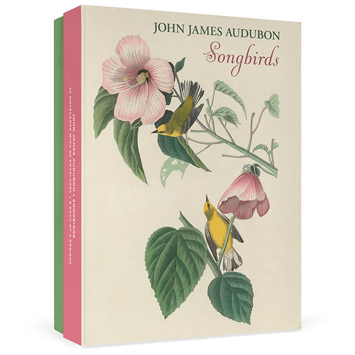 John James Audubon Songbirds Boxed Notecard Assortment featuring a book cover with birds and flowers, including a yellow bird holding a flower.