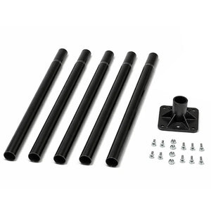 Black metal birdhouse mounting pole kit with five tubular sections, a ground base flange, and included mounting screws, displayed on a white background.
