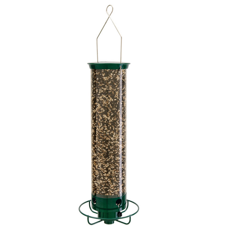 Droll Yankees Squirrel-Proof Flipper Bird Feeder with green tube, circular perch, and four feeding ports; holds 5 lbs of seed.